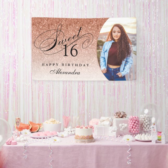 Rose Gold Glitter Sweet 16 Personalised Photo Banner (Party)