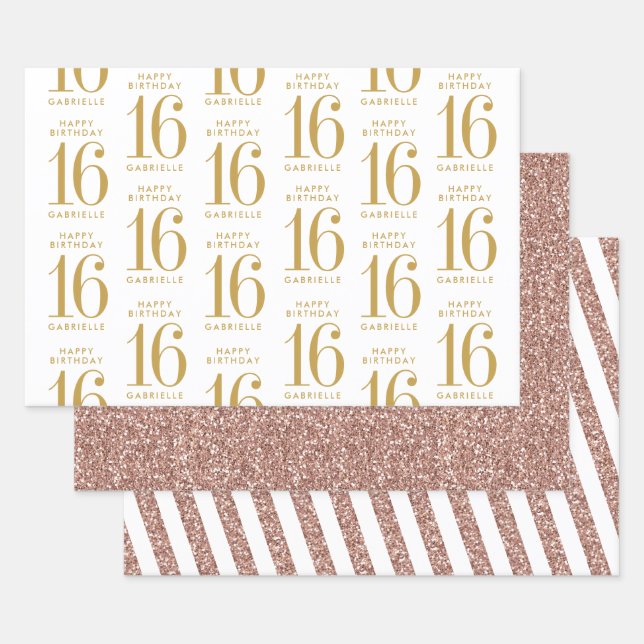Rose Gold Glitter Sweet 16 Personalised Pink Wrapping Paper Sheet (Set)