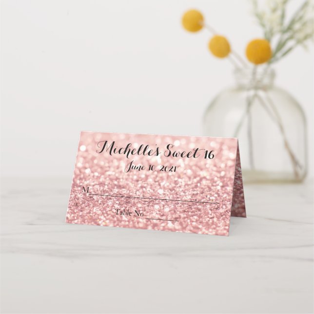 Rose Gold Glitter Sweet 16 Personalised Place Card (Front)