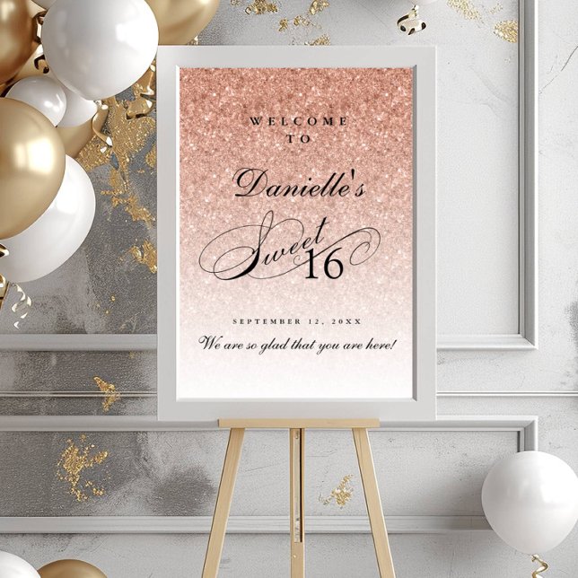 Rose Gold Glitter Sweet 16 Personalised  Welcome Poster (Creator Uploaded)