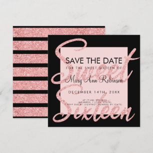 Rose Gold Glitter Sweet 16 Save The Date Black Invitation