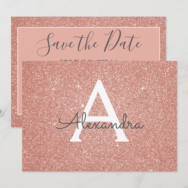 Rose Gold Glitter Sweet 16 Save the Date Invitation (Front/Back)