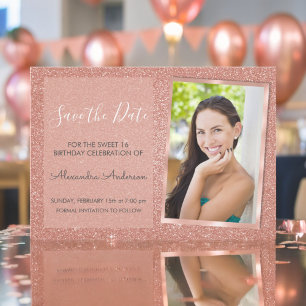 Rose Gold Glitter Sweet 16 Save the Date Invitation