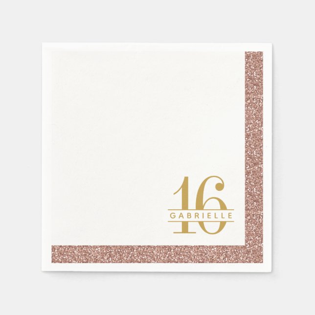Rose Gold Glitter Sweet 16th Birthday Name Napkins (Front)