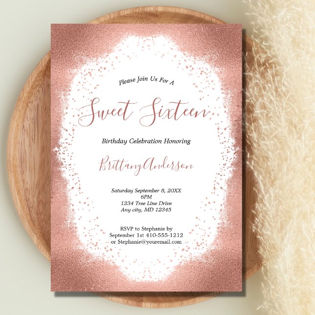 Rose Gold Glitter Sweet Sixteen 16 Birthday Invitation (Rose Gold Glitter Blush Pink Sweet Sixteen 16 Birthday Party Invitation)
