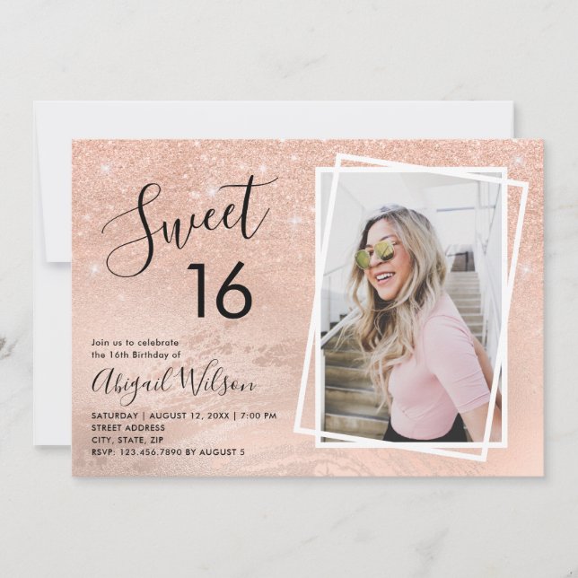 Rose gold glitter sweet sixteen birthday party invitation (Front)
