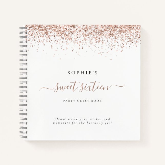 Rose Gold Glitter Sweet Sixteen Party Guest Book (Front)