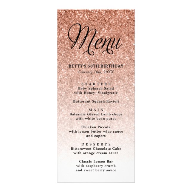 Rose Gold Glitter Tall Menu Card (Front)