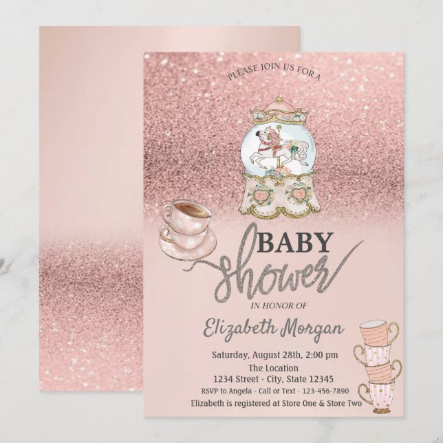 Rose Gold Glitter Tea Party Baby Shower Invitation (Front/Back)