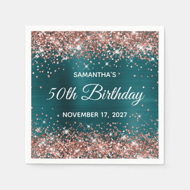 Rose Gold Glitter Teal Blue 50th Birthday Napkin (Front)