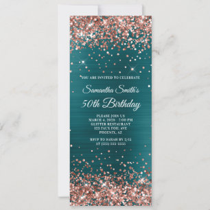 Rose Gold Glitter Teal Blue Foil 50th Birthday Invitation