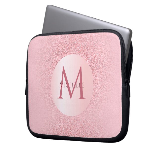 Rose Gold Glitter Template Monogram Stylish Laptop Sleeve (Front Left)