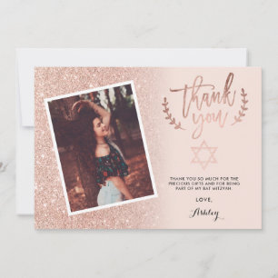 Rose gold glitter thank you bat mitzvah photo card