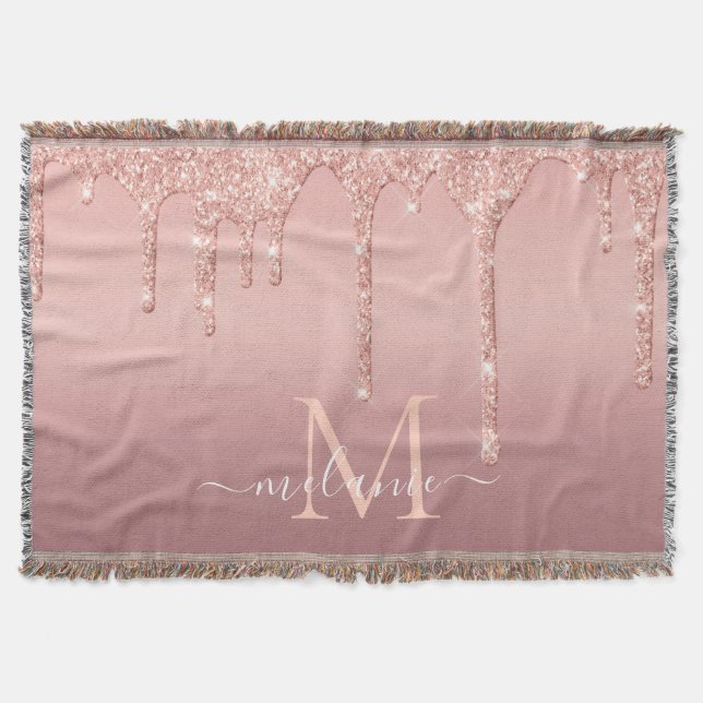 Rose Gold Glitter Throw Blanket Custom Name Letter (Front)