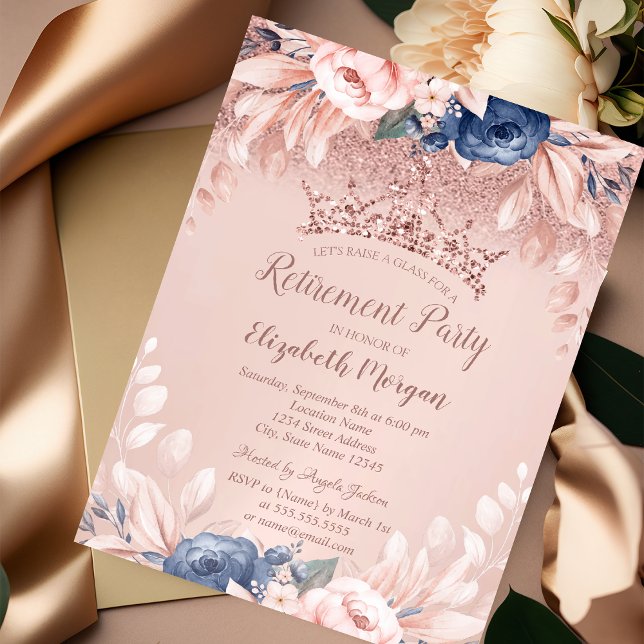 Rose Gold Glitter Tiara Blue Flowers Retirement   Invitation (Creator Uploaded)