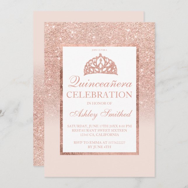 Rose gold glitter tiara elegant chic Quinceañera Invitation (Front/Back)