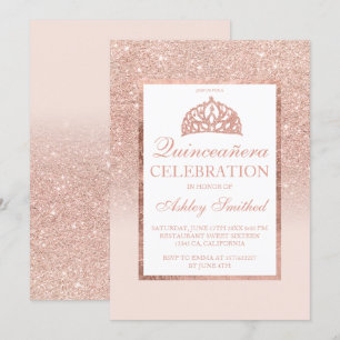 Rose gold glitter tiara elegant chic Quinceañera Invitation