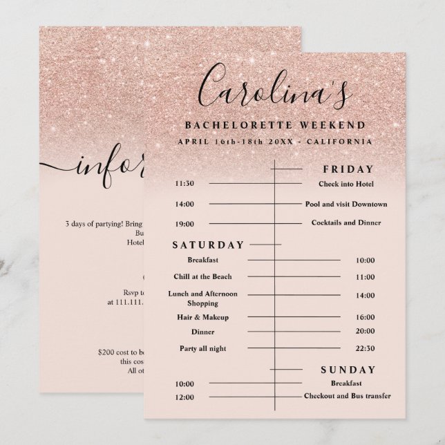 rose gold glitter time line bachelorette weekend invitation (Front/Back)