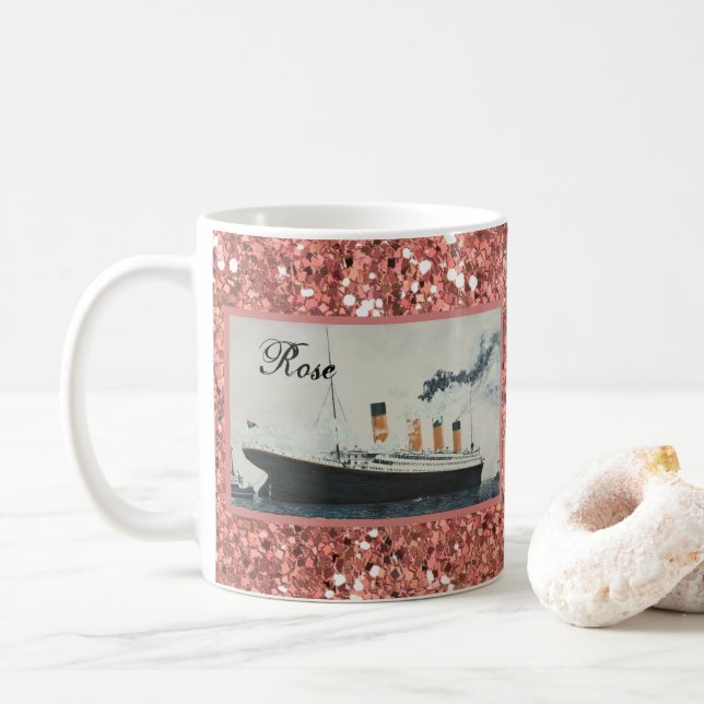 Rose Gold Glitter Titanic Personalised Girly Coffee Mug (With Donut)
