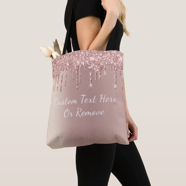 Rose Gold Glitter Tote Bag with Custom Text (Close Up)