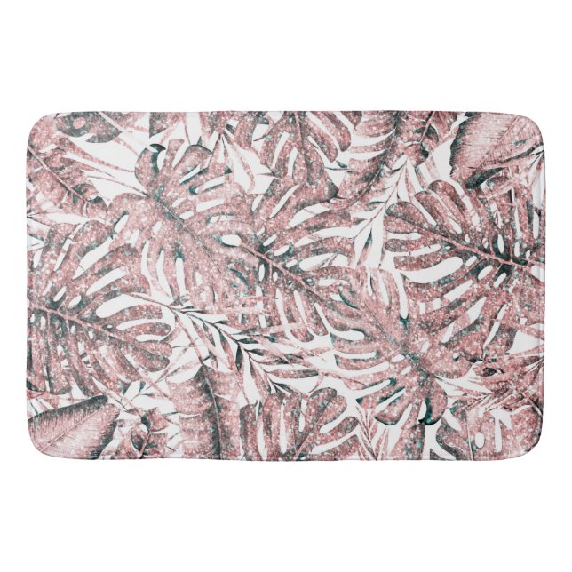 Rose Gold Glitter Tropical Palm Leaves Island Chic Bath Mat (Front)