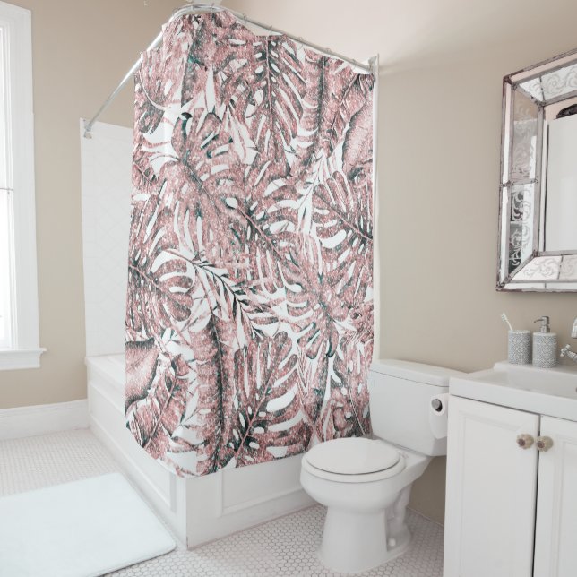 Rose Gold Glitter Tropical Palm Leaves Island Chic Shower Curtain (In Situ)
