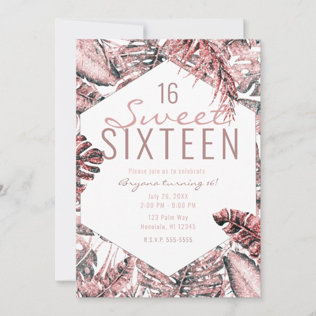 Rose Gold Glitter Tropical Palm Leaves Sweet 16  I Invitation (Front)