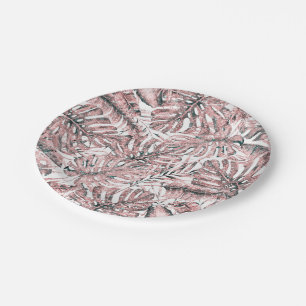 Rose Gold Glitter Tropical Palm Leaves Wedding  Paper Plate