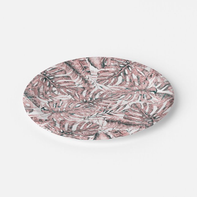 Rose Gold Glitter Tropical Palm Leaves Wedding  Paper Plate (Angled)