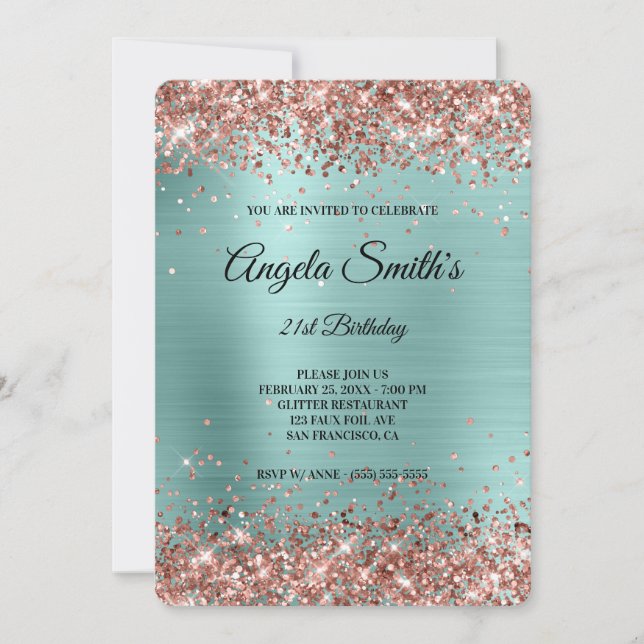 Rose Gold Glitter Turquoise Foil Fancy Monogram Invitation (Front)