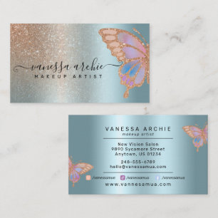 Rose Gold Glitter Turquoise Foil Rainbow Butterfly Business Card