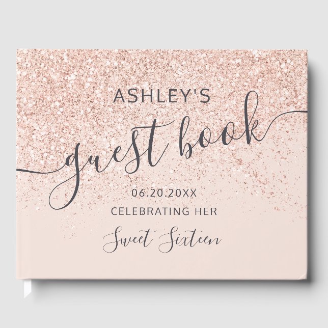 Rose gold glitter typography blush pink Sweet 16 Guest Book (Front)