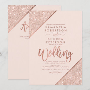 Rose gold glitter typography blush pink wedding invitation