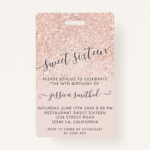Rose gold glitter typography blush Sweet 16 VIP ID Badge