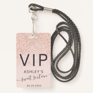 Rose gold glitter typography blush Sweet 16 VIP ID Badge
