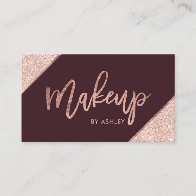 Rose gold glitter typography burgundy makeup business card (Front)