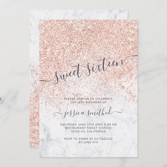 Rose gold glitter typography marble Sweet 16 Invitation (Front/Back)