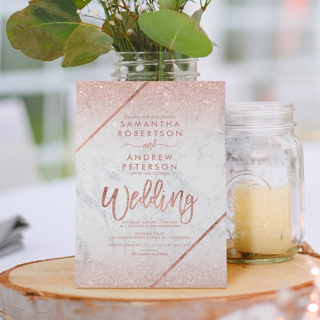 Rose gold glitter typography marble wedding invitation (Creator Uploaded)