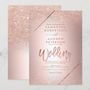 Rose gold glitter typography metallic foil wedding invitation