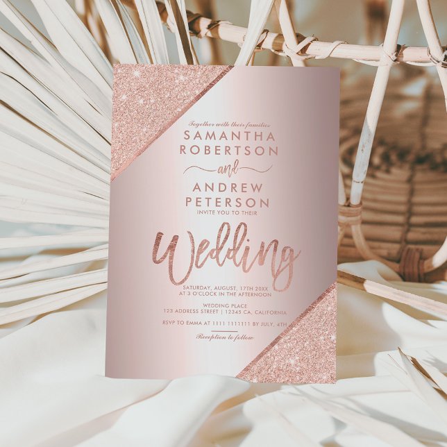Rose gold glitter typography metallic foil wedding invitation (Creator Uploaded)