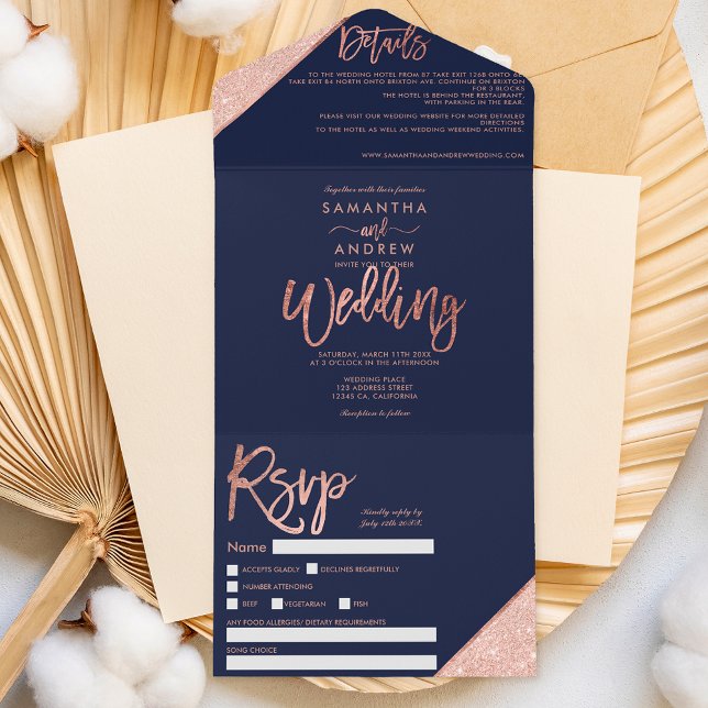 Rose gold glitter typography navy blue wedding all in one invitation (Creator Uploaded)