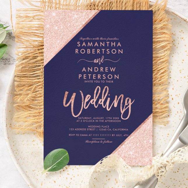 Rose gold glitter typography navy blue wedding invitation (Creator Uploaded)