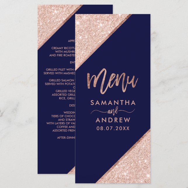 Rose gold glitter typography navy wedding menu (Front/Back)