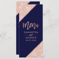 Rose gold glitter typography navy wedding menu
