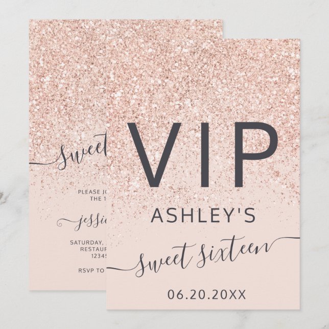 Rose gold glitter typography pink VIP Sweet 16 Invitation (Front/Back)