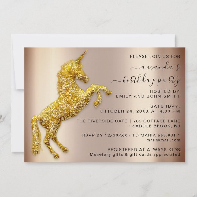 Rose Gold Glitter Unicorn Horse Birthday  Invitation (Front)