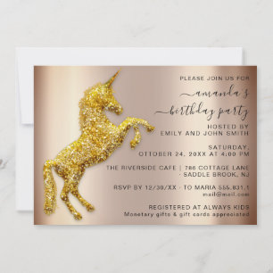 Rose Gold Glitter Unicorn Horse Birthday  Invitation