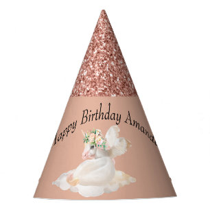 Rose Gold Glitter Unicorn Pegasus Happy Birthday Party Hat