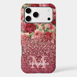 Rose Gold Glitter Vintage Red Pink Rose Floral