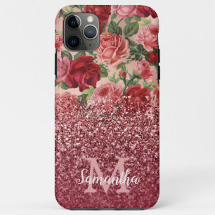 Rose Gold Glitter Vintage Red Pink Rose Floral iPhone 11 Pro Max Case